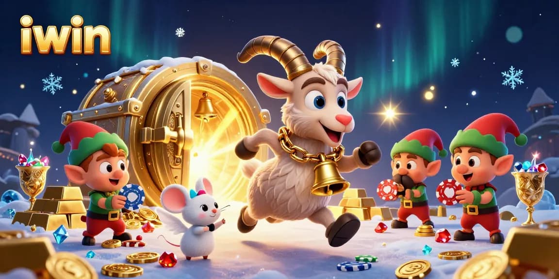 Join the festive iwin casino adventure featuring a Krampus goat, angel mouse, and gremlins in chaos.