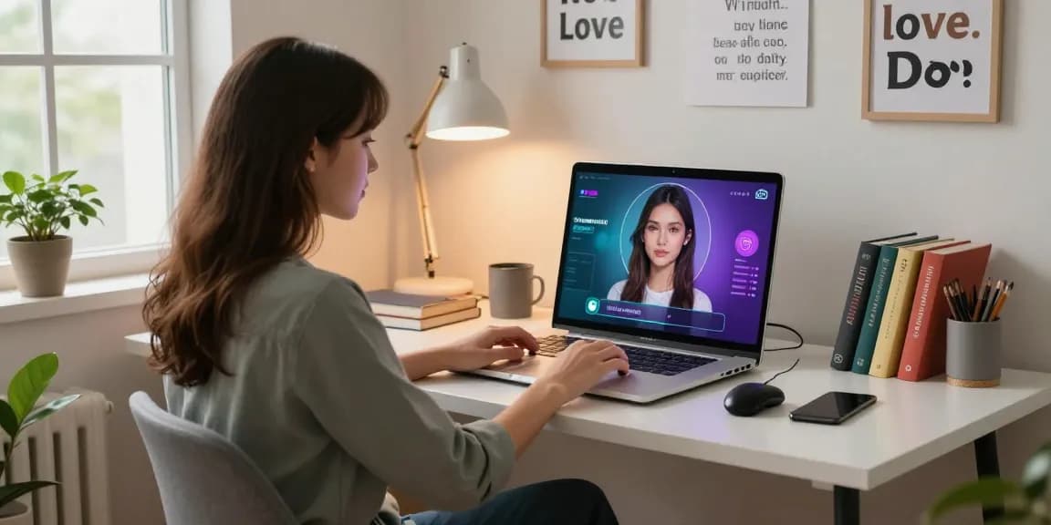 Cozy home office scene with a person chatting with their AI girlfriend on a laptop, showcasing tech and emotional connection.