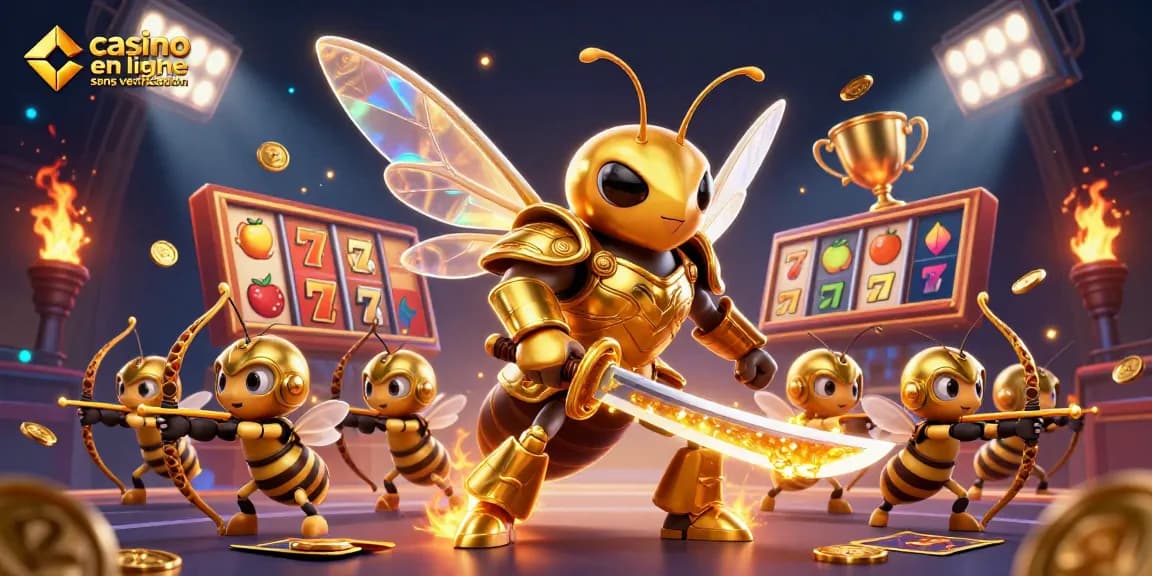 Découvrez casino en ligne sans vérification accompagné d'une hornet géante dorée en armure de samouraï dans un casino dynamique.