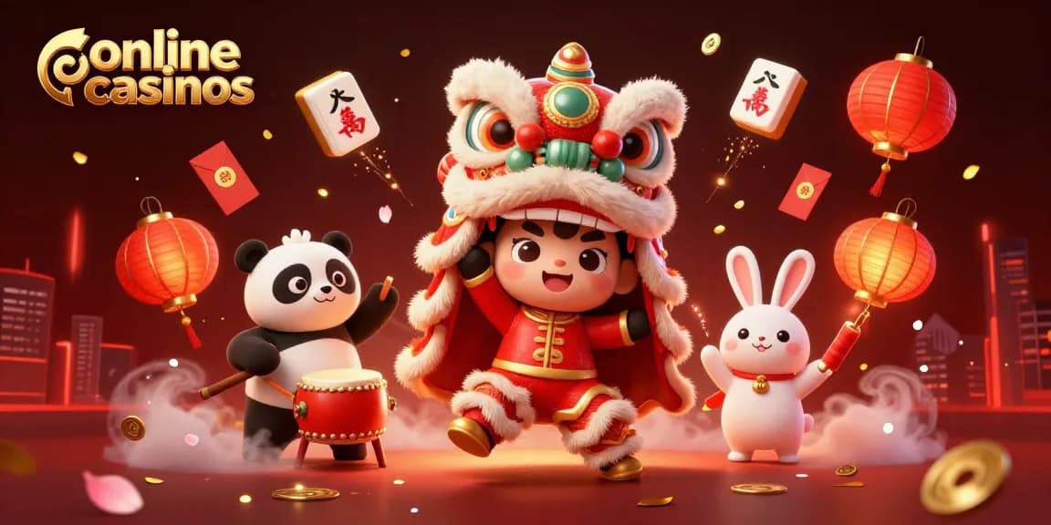 Experience excitement in online casinos with a vibrant Chinese New Year celebration featuring a lion dance and festive decorations.