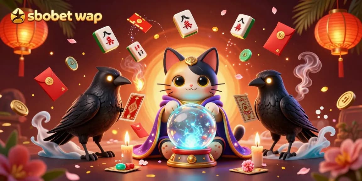 Engage in sbobet wap betting with a vibrant illustration of a mystic cat and a tarot raven.