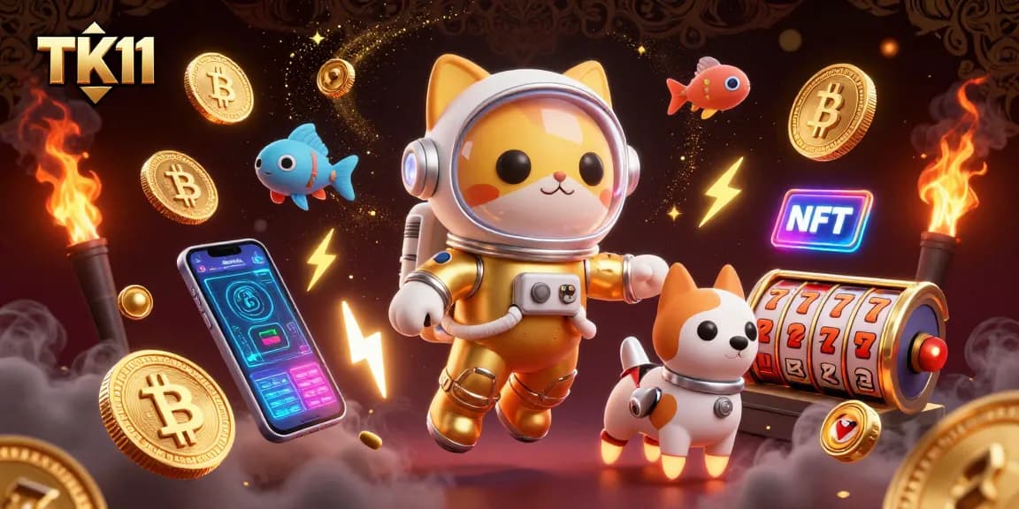 Spin new slots with TK11 in this vibrant, cosmic casino scene featuring animated characters.