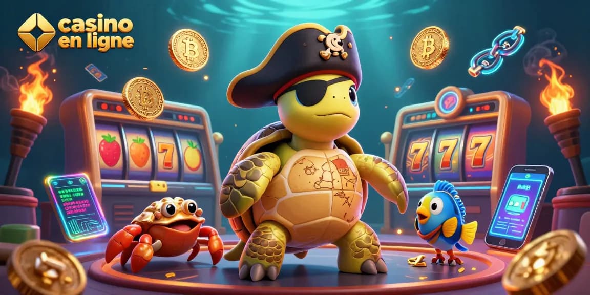 Jouer au casino en ligne avec des personnages marins autour d'un trésor numérique, dans une ambiance animée.