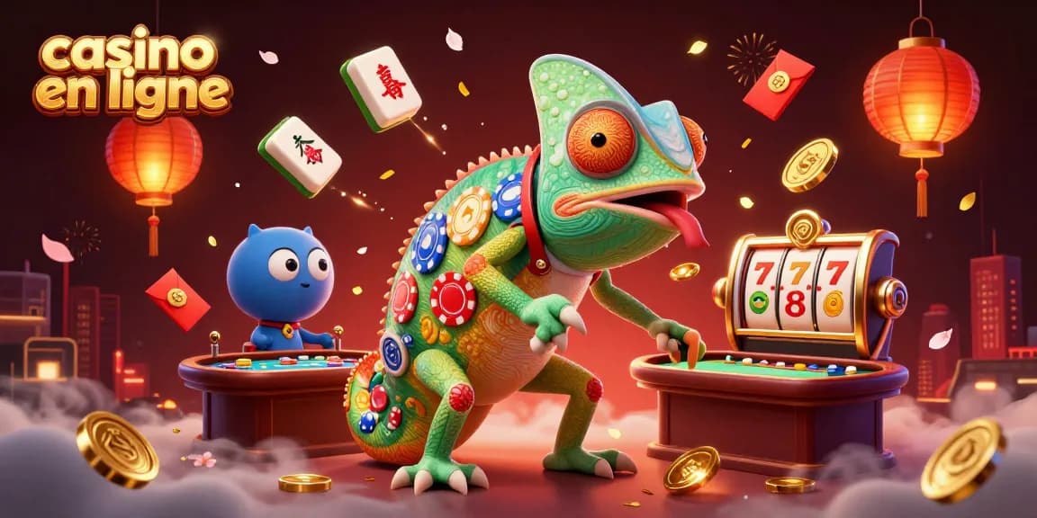 Un chameleon géant de casino en ligne attrapant des pièces dorées, entouré de lanternes et de jeux.
