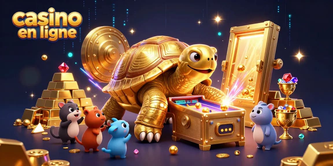 Illustration dynamique d'un casino en ligne avec des animaux amusants et des trésors, créant une atmosphère ludique.