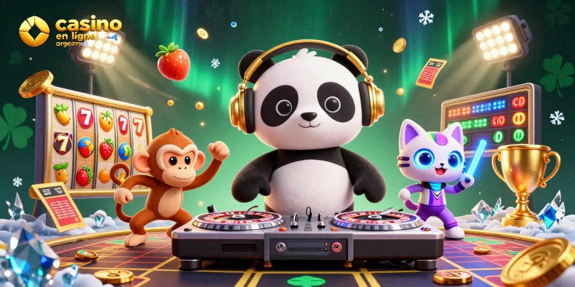 Le DJ panda anime joue au casino en ligne argent réel, entouré de symboles de machines à sous.