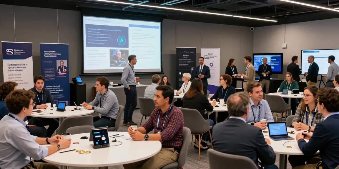 Diverse attendees engaging in discussions at a blockchain 2026 conference showcasing technology and innovation.