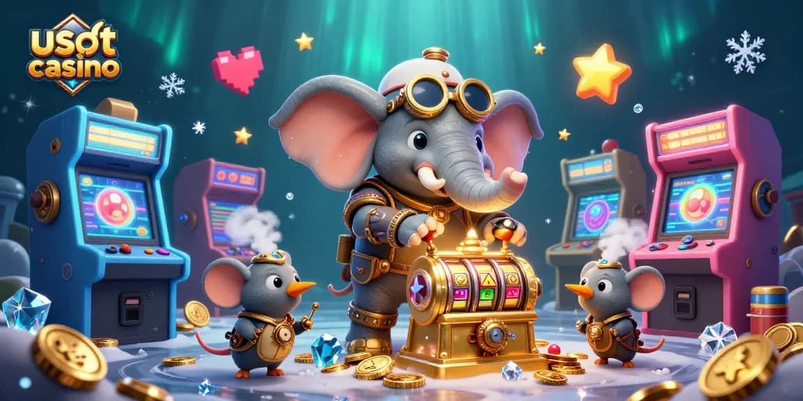I giochi del usdt casino animati da un elefante steampunk mentre opera una slot machine dorata.