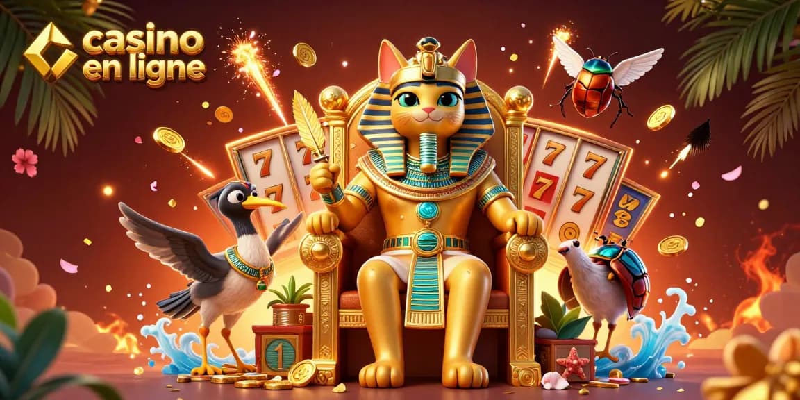 Illustration dynamique d'un casino en ligne avec un chat pharaon et des éléments de jeu.
