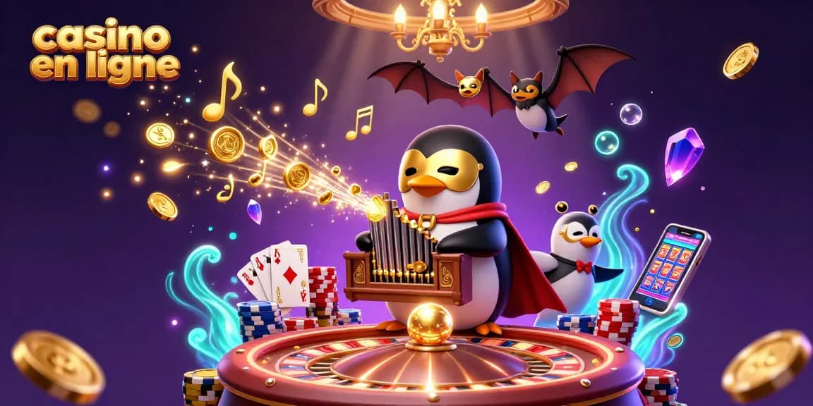 Jouer dans un casino en ligne avec un pingouin fantôme, des pièces d'or et des cartes à jouer éclatantes.