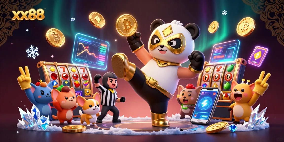 Engage in thrilling gameplay at xx88, featuring colorful slot reels and excited crowds in 3D illustration.