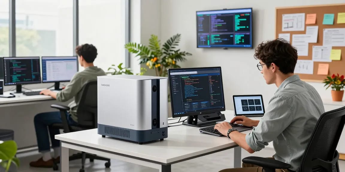 NAGA2000 device showcased in a vibrant tech workspace during collaboration