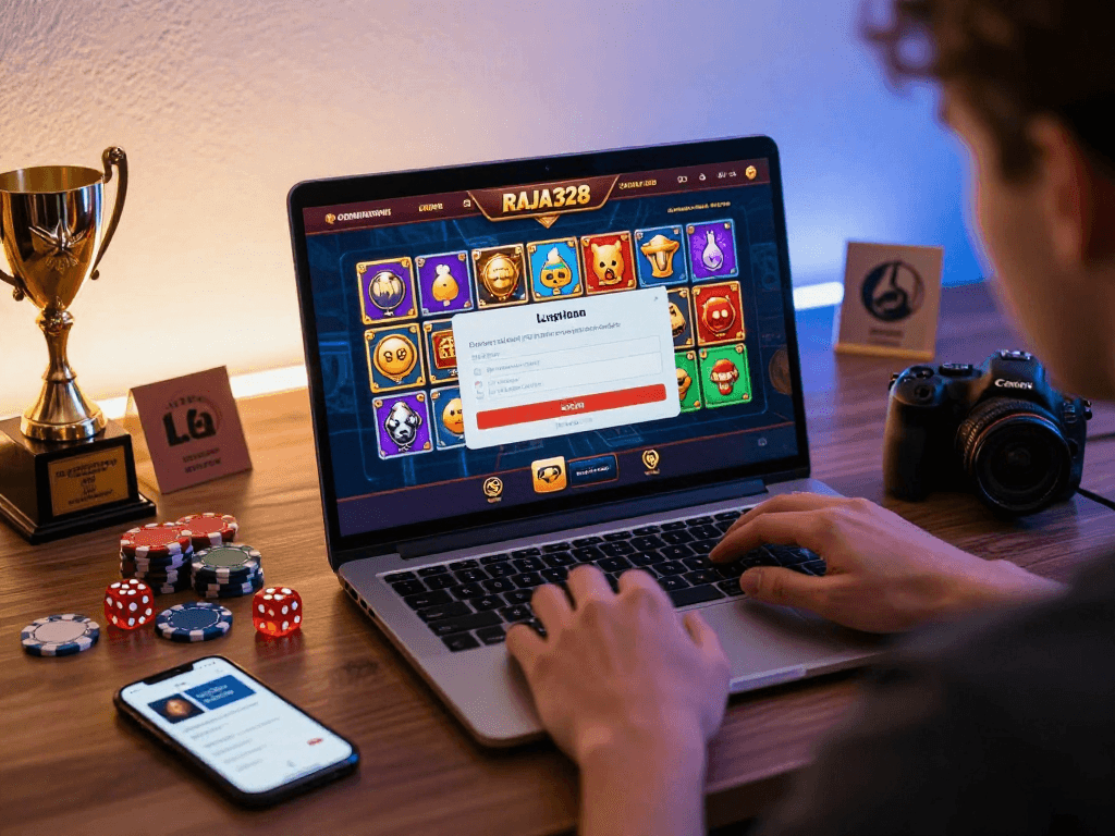 Player using RAJA328 login on laptop with gaming icons and vibrant atmosphere.