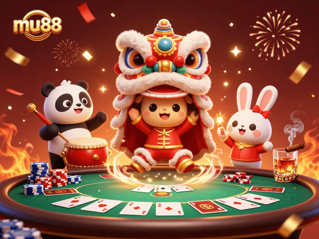 Join the fun with mu88's festive scene featuring a lively Chinese New Year lion dance and poker elements.