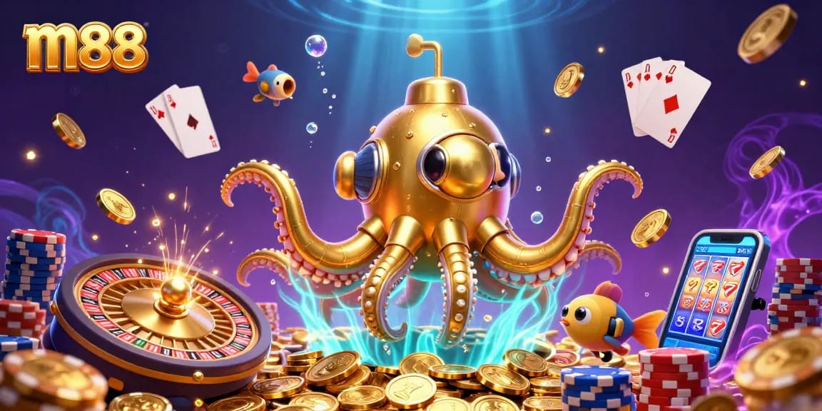 Engage with the fun of m88's vibrant casino adventure featuring a golden kraken and jewels.