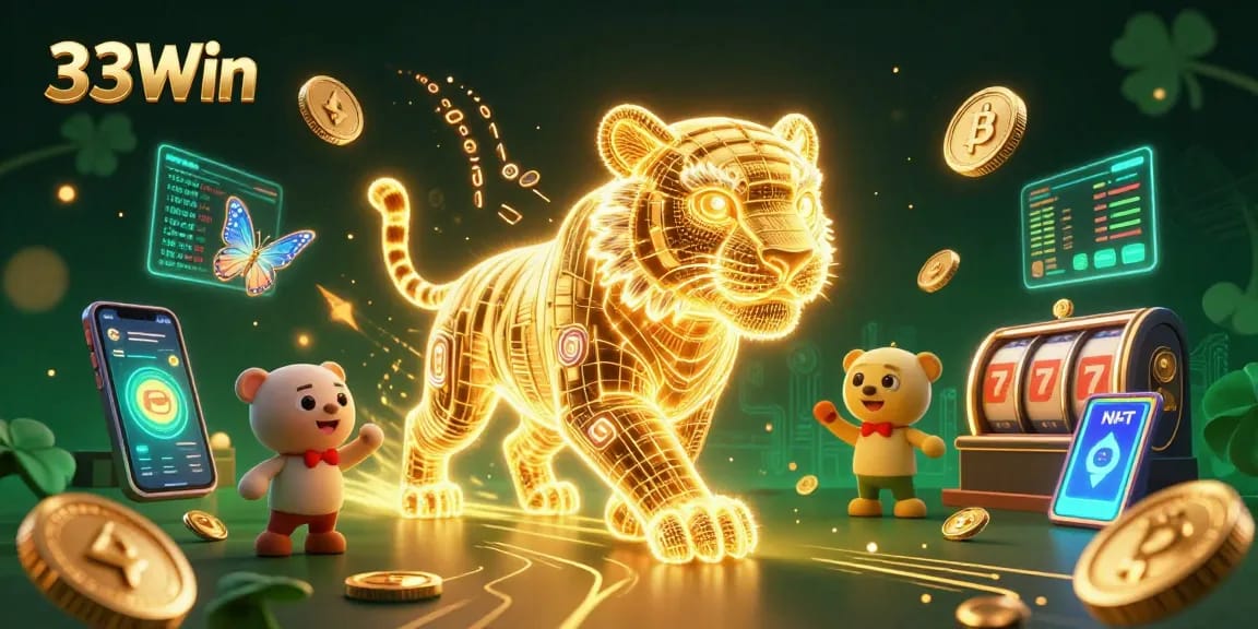 Engage in thrilling slots with 33Win as a neon tiger prowls in a vibrant casino.