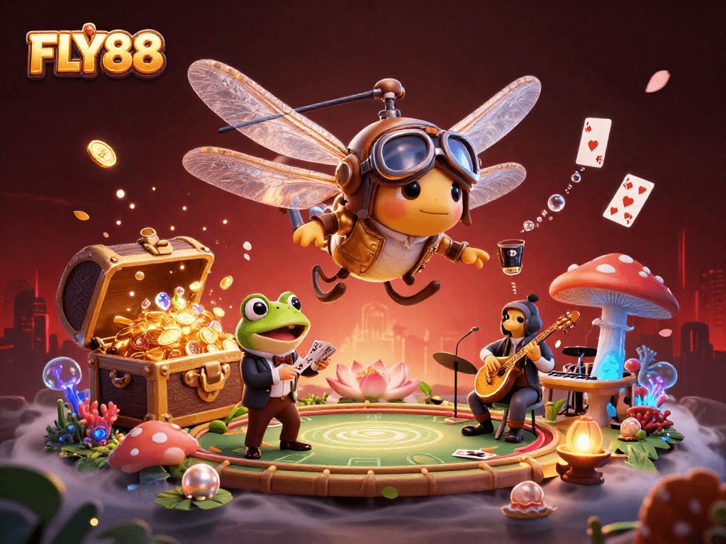 FLY88 captivates players with a lively casino scene featuring a dragonfly pilot and frog croupier.