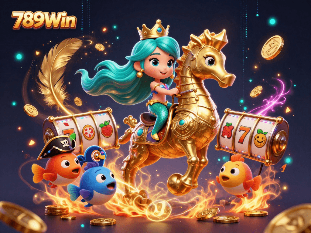 Experience the excitement of 789Win with vibrant 3D casino art featuring a mermaid, seahorse, and engaging game elements