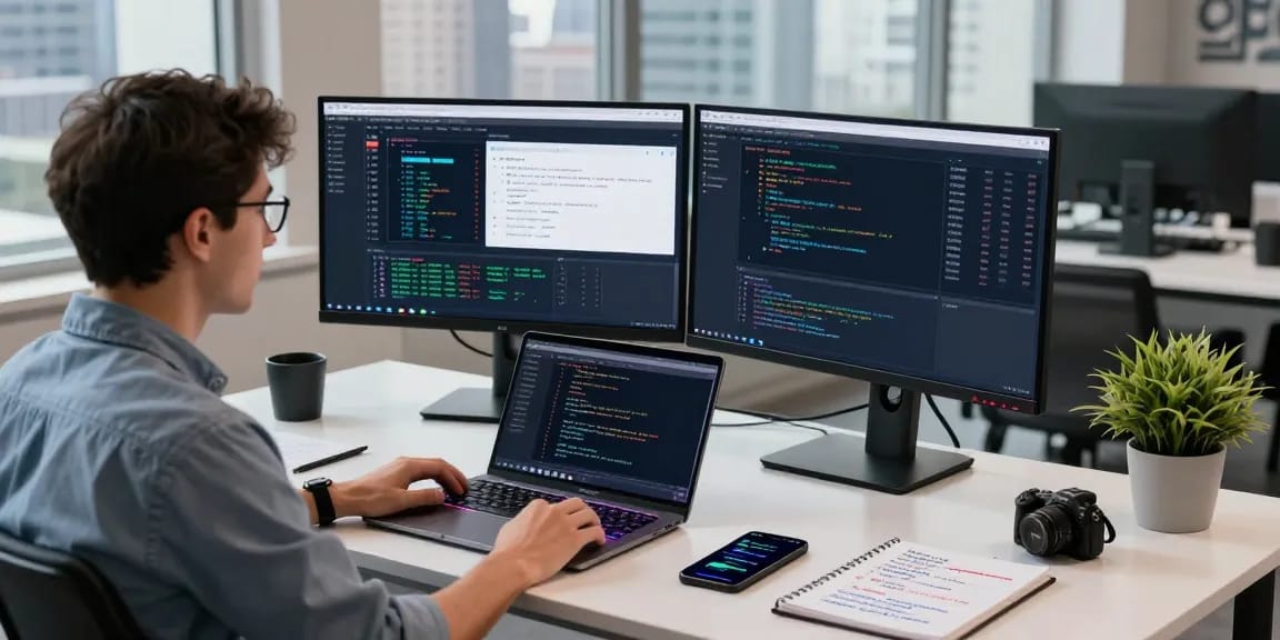 Dynamic workspace featuring Nasdaq index data feed API integration with a developer focused on financial tech.