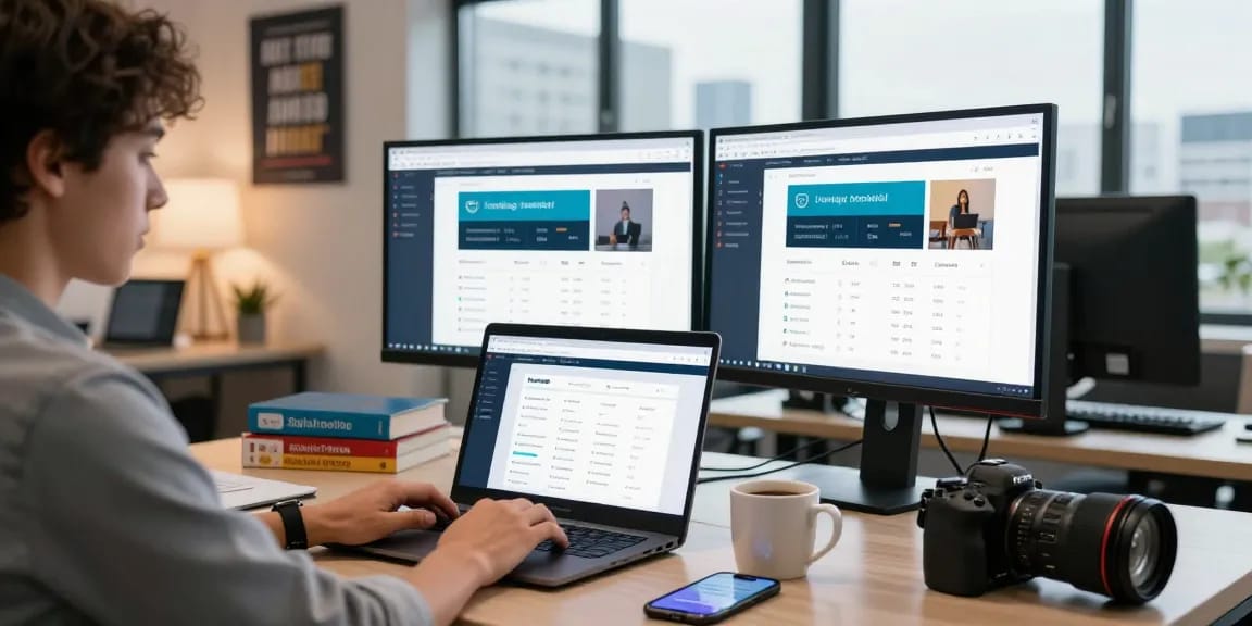 Escena de Reseller Hosting en México con analíticas y un entorno de oficina moderno.