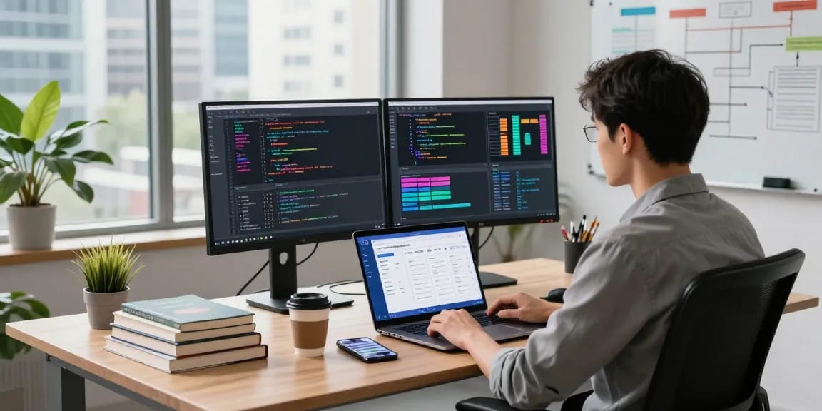 RTI scheduler interface on dual monitors in a modern tech workspace, enhancing productivity and efficiency.