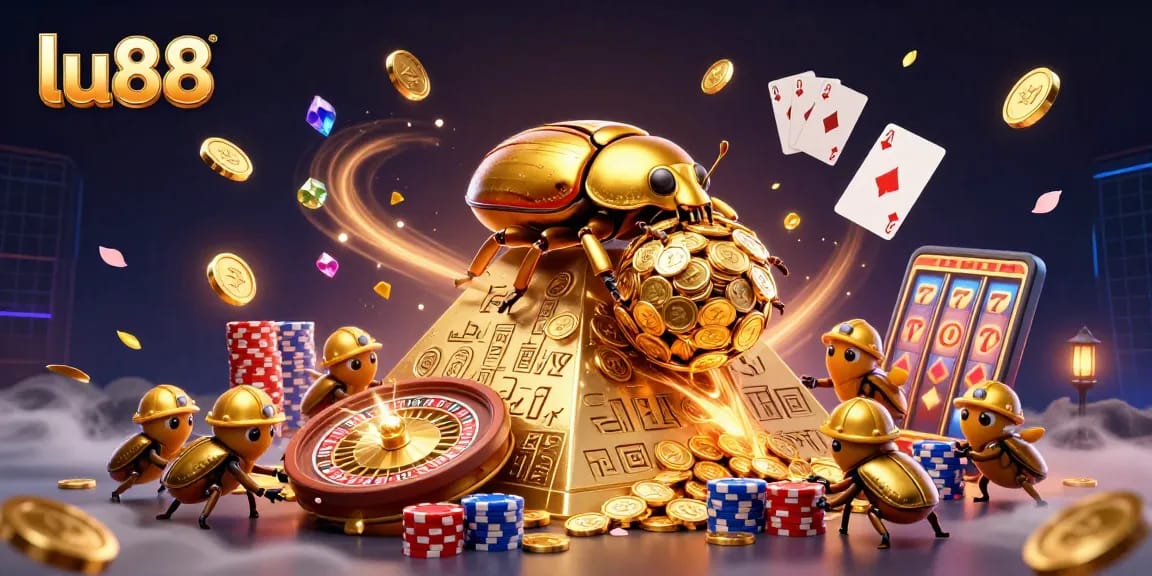 Experience the thrill of lu88 with a golden beetle rolling coins in a dazzling casino scene.
