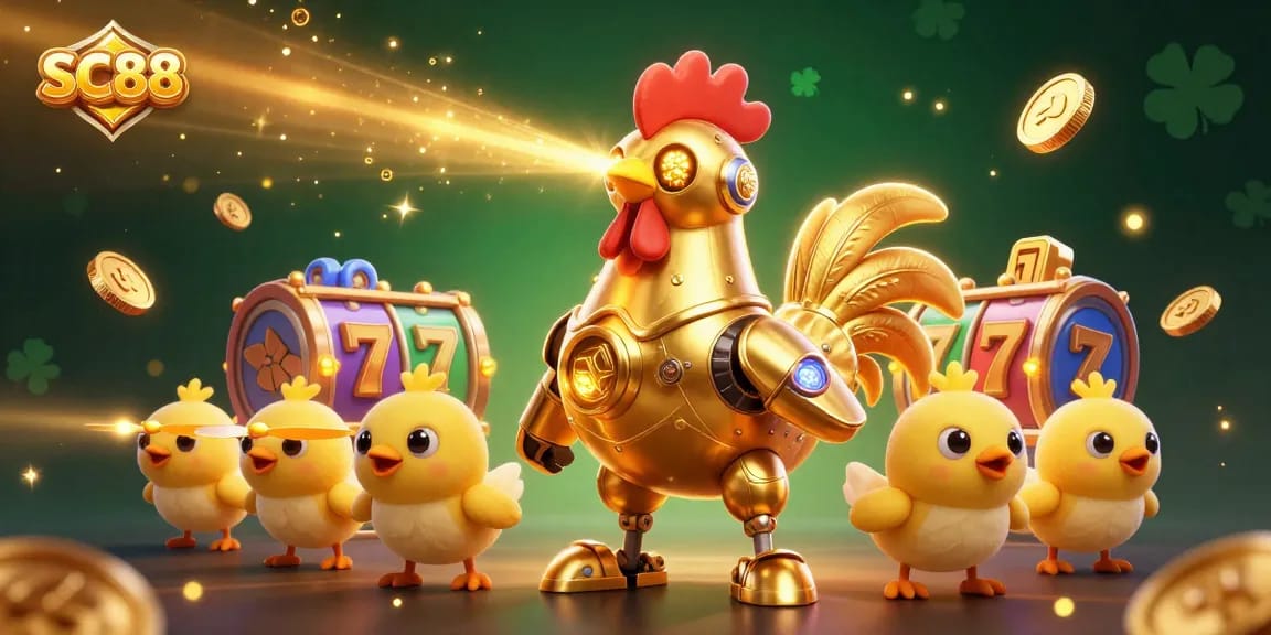 Engage with SC88's vibrant casino world featuring a dynamic golden rooster robot and baby chick drones amidst glowing slots and coins.