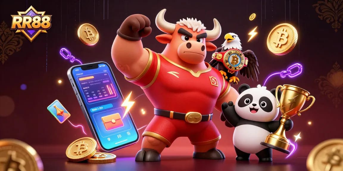 Win at RR88 with a vibrant 3D illustration showcasing casino-themed characters and crypto elements.