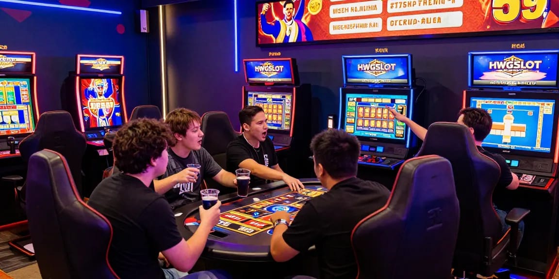 Exciting gambling atmosphere where players engage with HWGSLOT online slots, vivid lights, and interactive displays.
