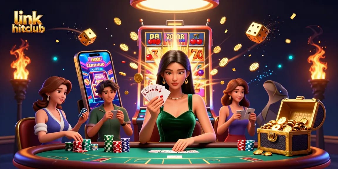 Experience the excitement of gambling at link hitclub with a stunning illustration of a poker table scene filled with action.