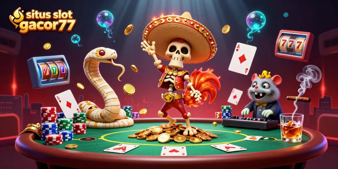 Experience the excitement of gambling at situs slot gacor77 with a festive 3D casino scene filled with characters.