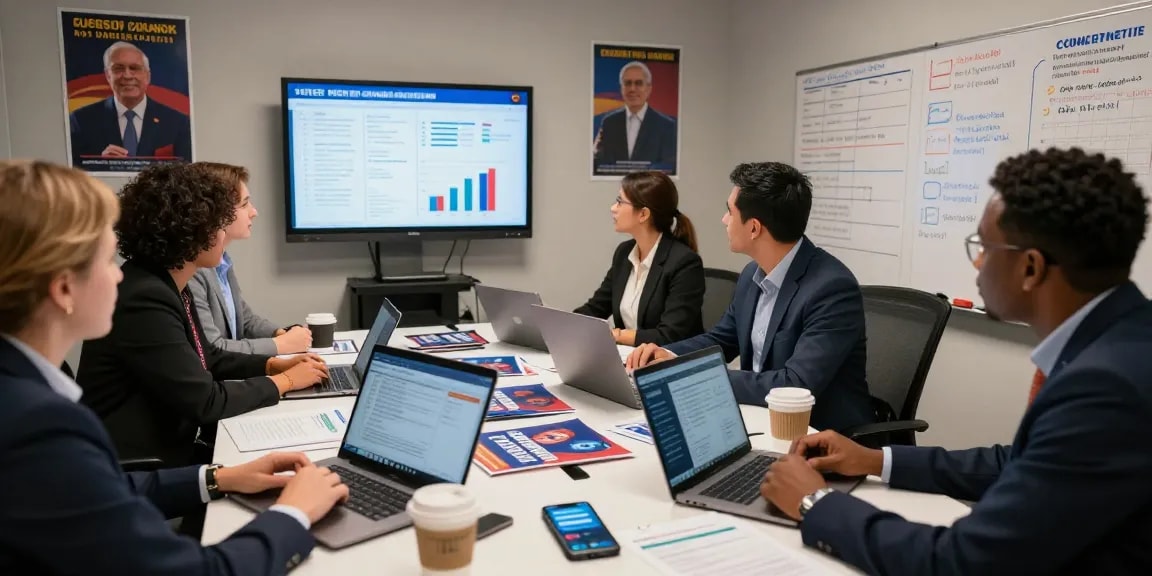 Strategists discussing meta political ads authorization in a campaign setting with voter data analysis.