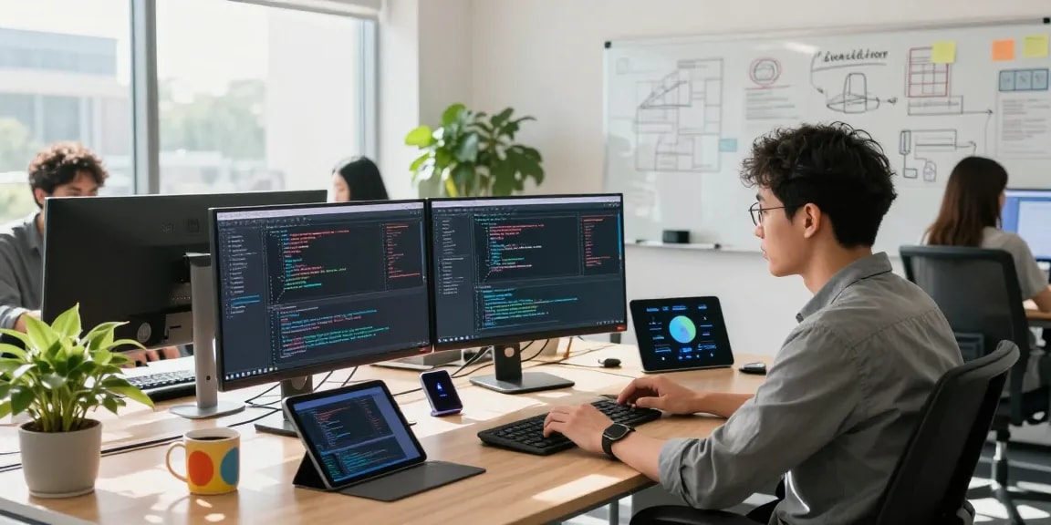 Motchill: Innovative tech workspace with a developer coding, multiple screens, and a collaborative environment.