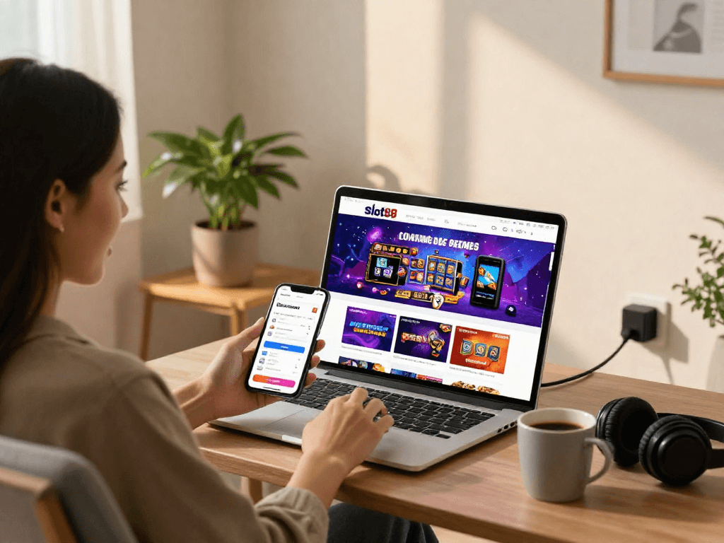 Customer exploring exciting slot88 games on a laptop while enjoying a cozy home environment.