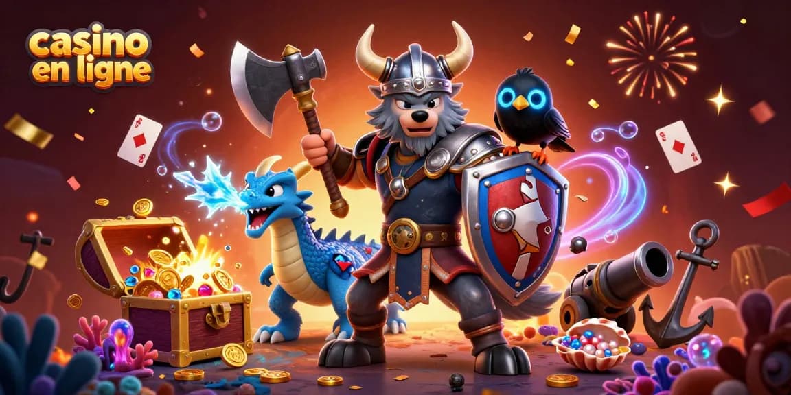 Viking loup guerrier et dragon en scène dynamique pour le casino en ligne.