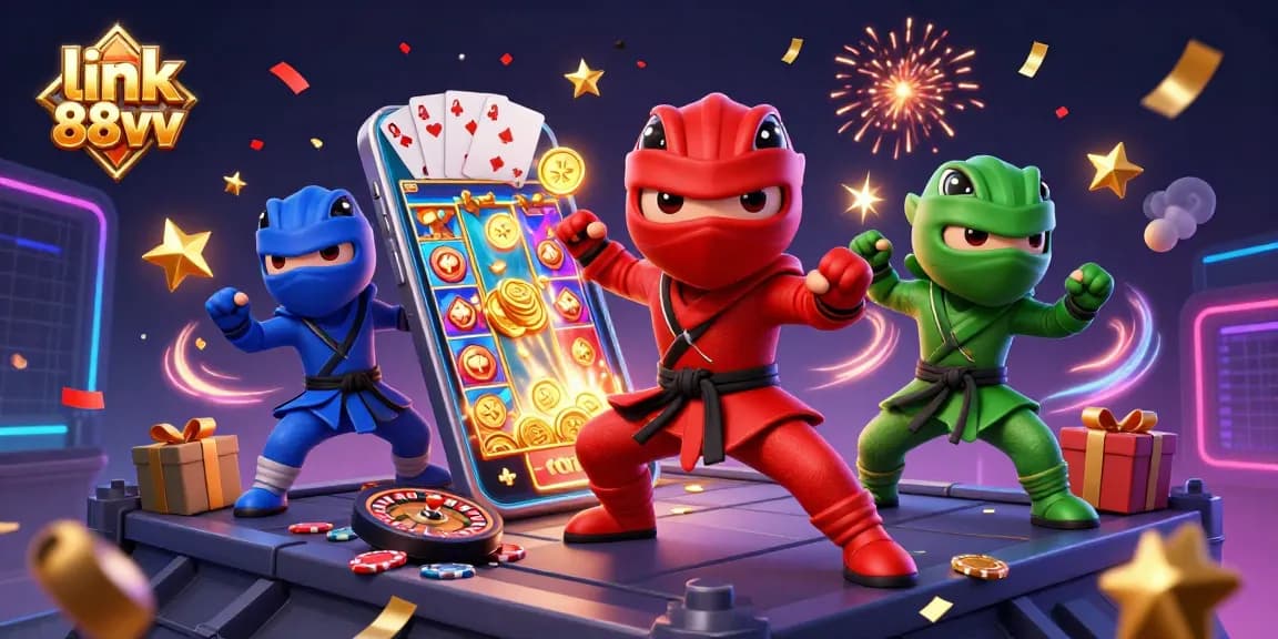 Link 88vv showcases ninja chameleons amid a vibrant online gaming scene with slots and casino elements.