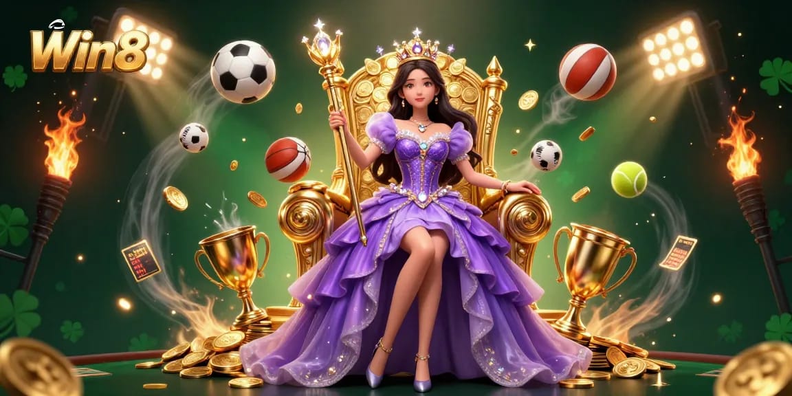Win88 features a beautiful digital illustration of a regal Asian princess amidst vibrant gambling elements.