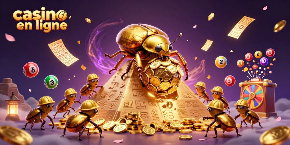 Jouer au casino en ligne avec une scène dynamique de coccinelles d'or entourées de billets de loterie colorés.