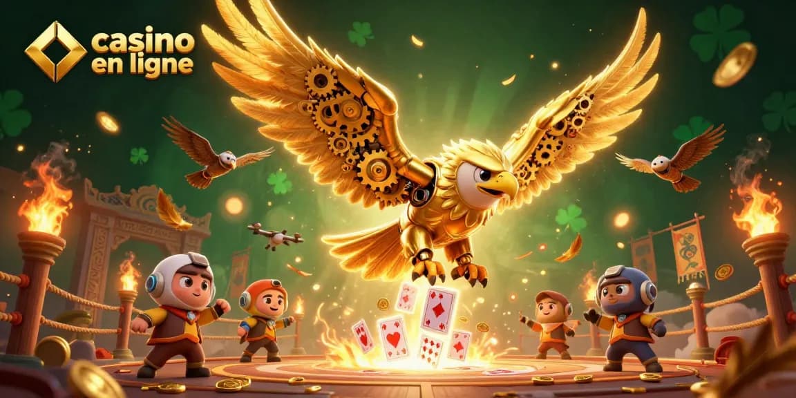 Vivez l'expérience du casino en ligne avec notre aigle doré immersif plongeant au milieu des jeux de cartes.