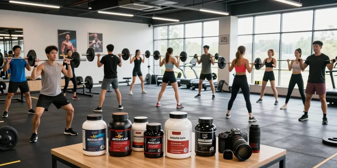 Astera Shop products showcased in a vibrant gym setting with fitness enthusiasts.