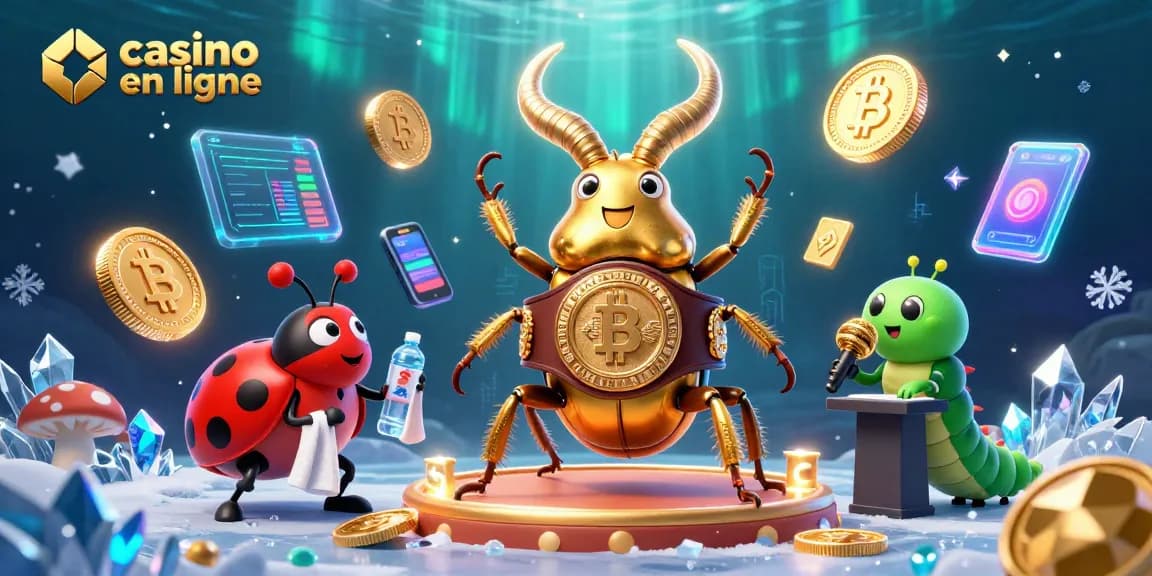 Carton d'un casino en ligne illustrant un scarabée géant et des pièces de crypto-monnaie.