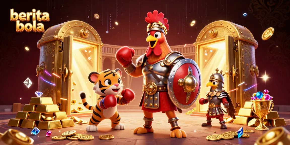 Engaging 3D illustration of a rooster gladiator and tiger cub sparring, showcasing vibrant casino elements, berita bola theme.