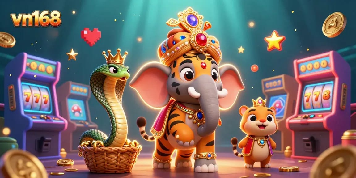 Bet big with vn168's thrilling game elements surrounded by a cartoon tiger and elephant.