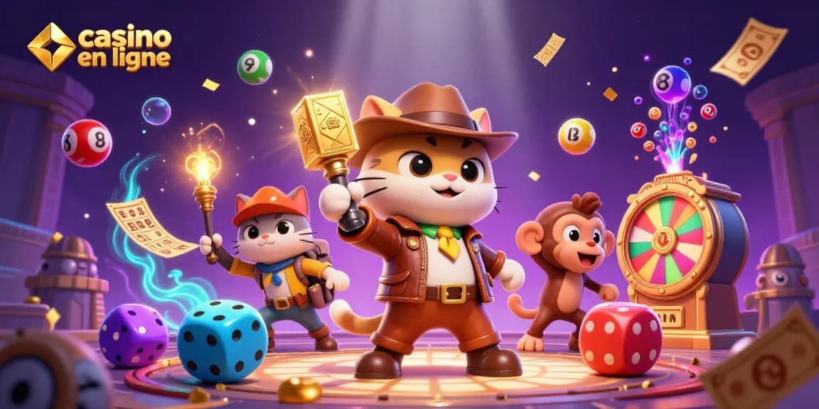 Le jeu immersif sur casino en ligne avec un chat explorateur et des éléments colorés de loterie.