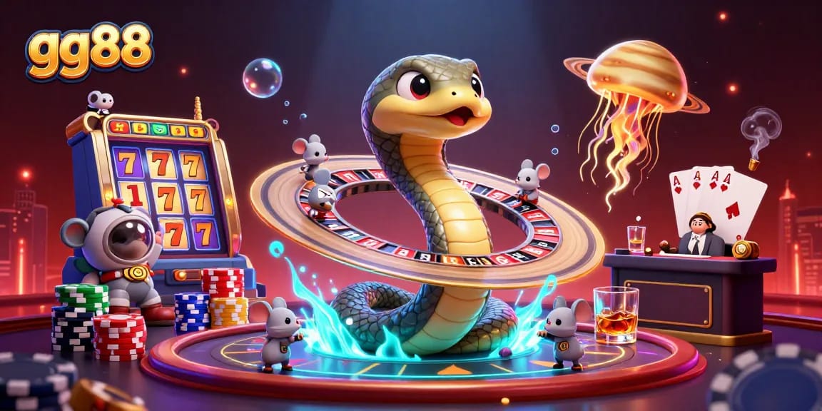 Experience dynamic gaming action at gg88 with a cosmic dealer and vibrant slot reels.