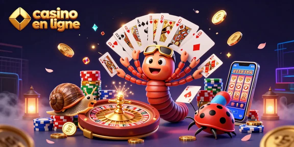 Casino en ligne: Millipède dealer et joueurs excités au milieu d'une scène de jeu dynamique