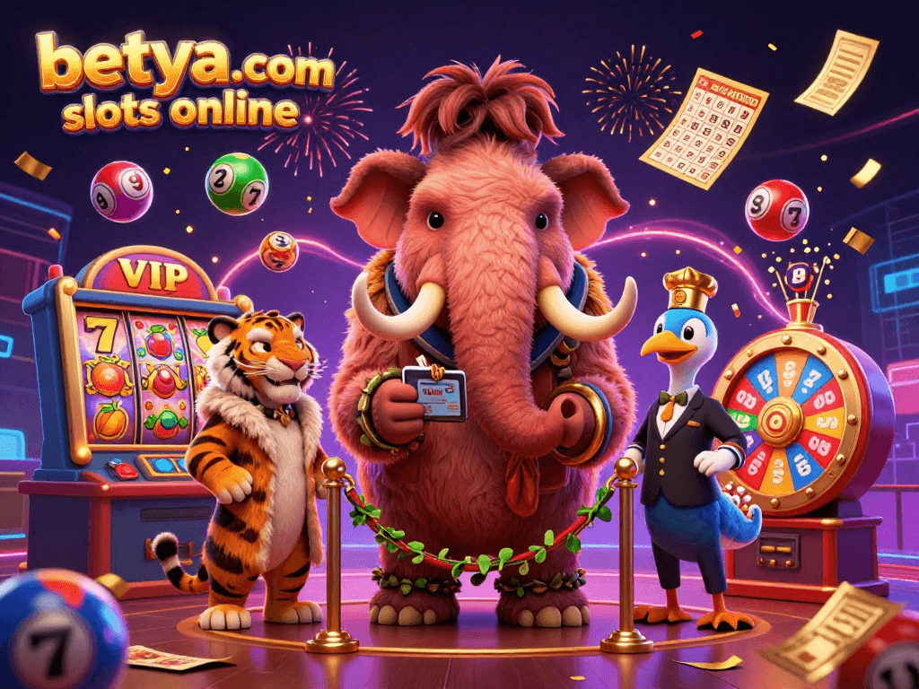 Experience thrilling excitement with betya.com slots online in a vibrant 3D casino scene featuring a woolly mammoth bouncer and a saber-tooth tiger.
