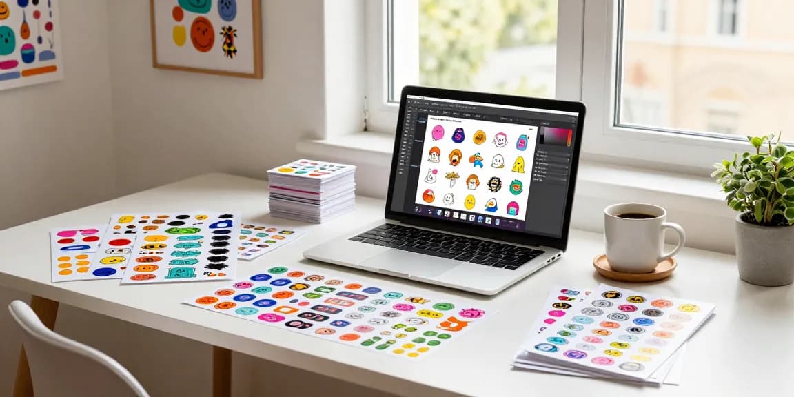Designer creating custom stickers in a vibrant workspace with sticker designs and natural light.