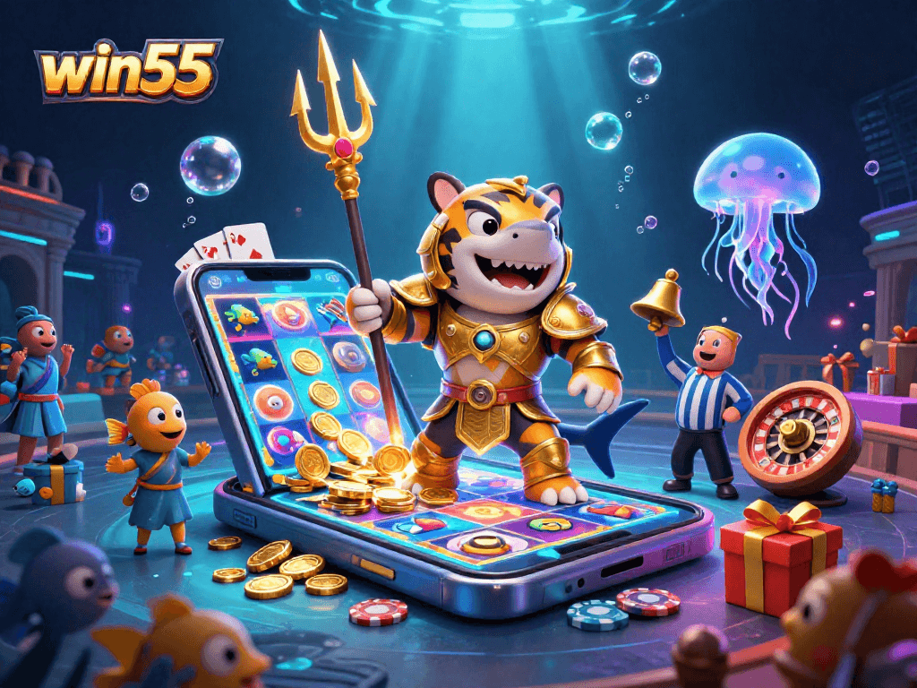 win55 showcases a vibrant underwater casino scene with a powerful shark and gaming elements.