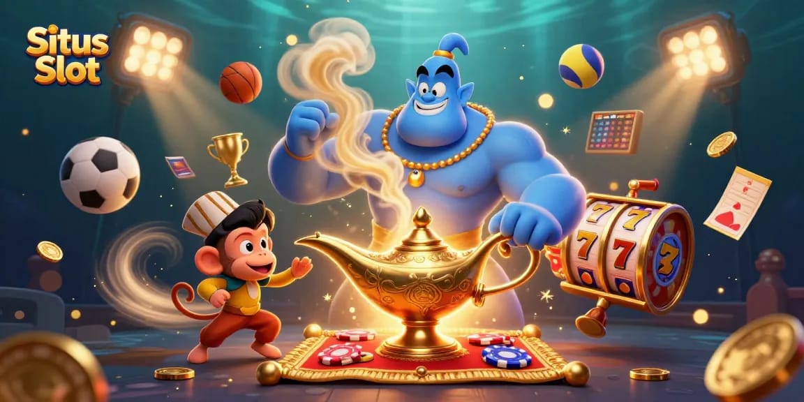 Enjoy thrilling Situs Slot gaming with this vibrant 3D illustration showcasing a genie, monkey, and dynamic casino elements.